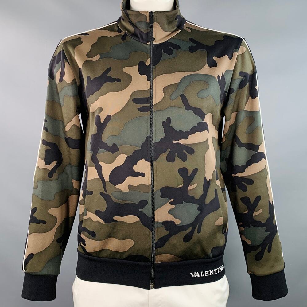 VALENTINO Size L Black Green Camo Polyamide Cotton Zip Up Sweatshirt